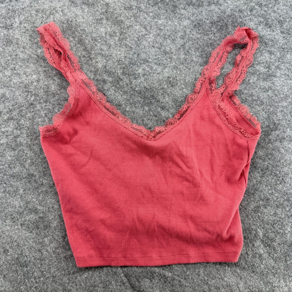 Forever21 Lace Trim Ribbed Cami Women Large Pink V-Neck Crop Top Tank Crop Top‎